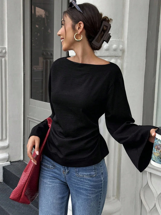 Women's Boat Neck Flare Sleeve Top with Back Tie