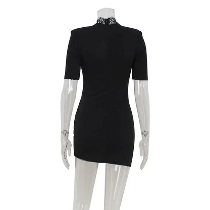 Lace Patchwork Hollow Out Bodycon Sheath High Collar Women Dresses Half Sleeves Outfits Sexy Club Fashion Female Mini Vestidos