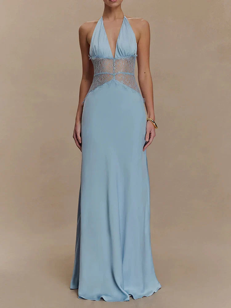Mozision Summer Backless Sexy Maxi Dress Women Gown Patchwork Lace Halter Deep V Neck Sleeveless High Waist Elegant Long Dress