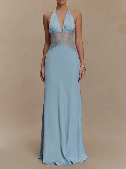 Mozision Summer Backless Sexy Maxi Dress Women Gown Patchwork Lace Halter Deep V Neck Sleeveless High Waist Elegant Long Dress