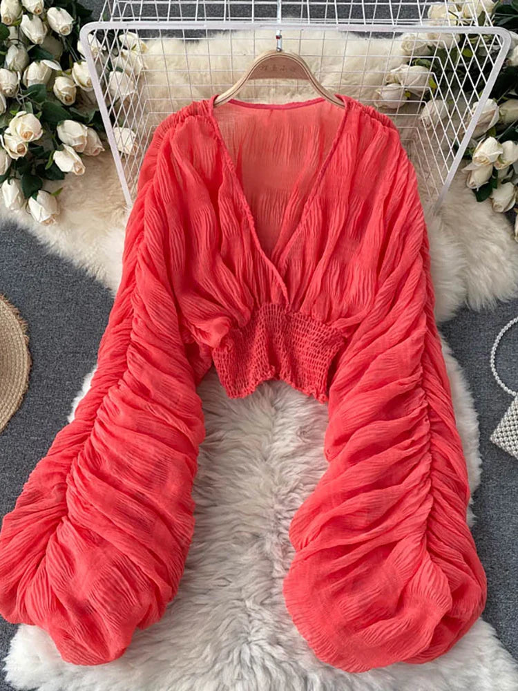 V-Neck Puff Sleeve Draped Chiffon Top