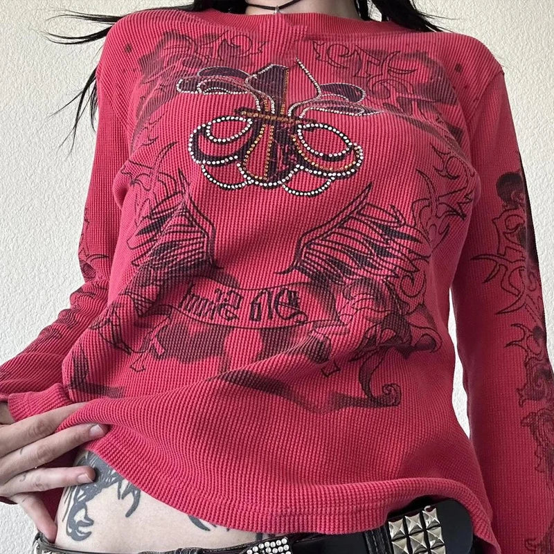 Goth Thermal T-shirt Skulls Graphic Print Long Sleeve Pullovers Tops Women 90s Vintage Aesthetic Tees