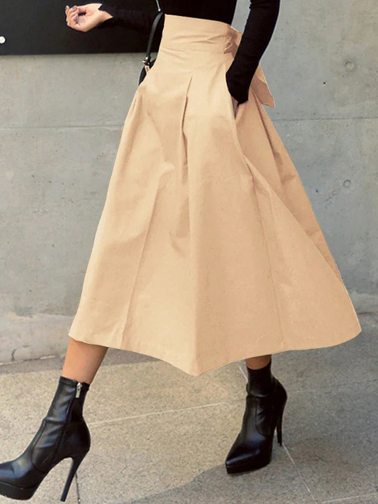 Women's A-Line Skirt - High Waist Preppy Style with Bow