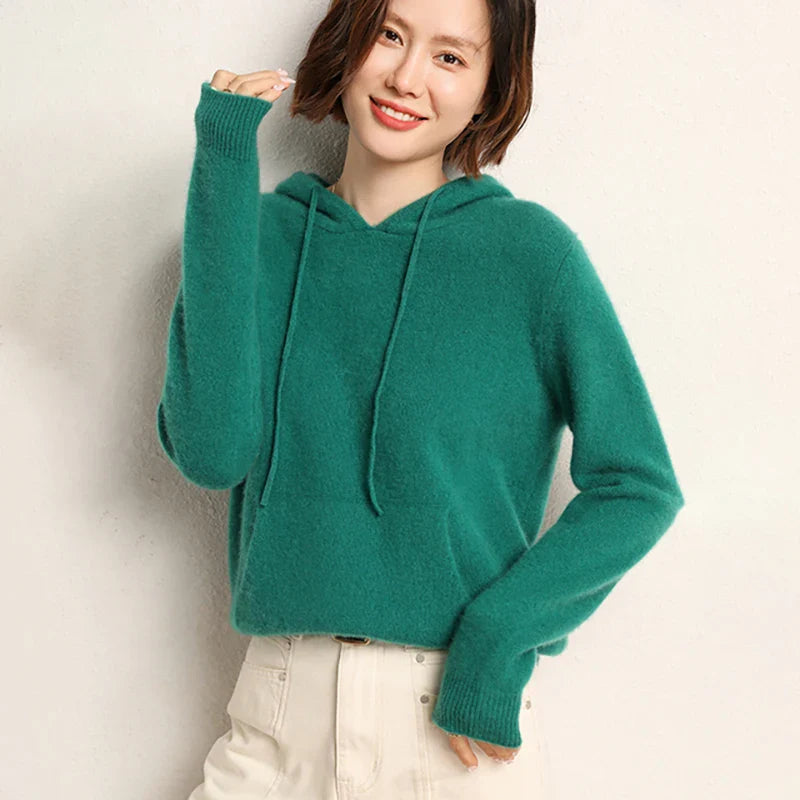 Round Neck Cashmere Hoodie Long Sleeve Slim Fit Pullover with Pocket