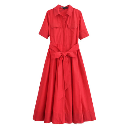 Women's Lapel Shirt Midi Dress with Belt
