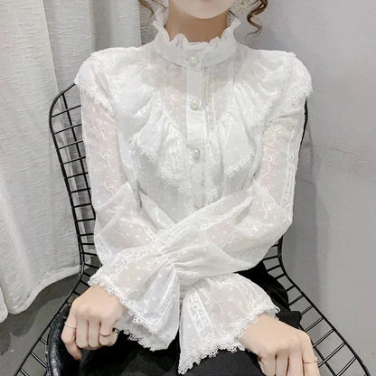 Elegant Stand Collar Pleated Tops Casual Ruffle Lace Blouse