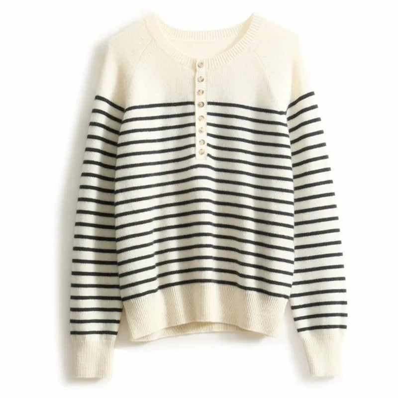 Round Neck Striped Wool Sweater Long Sleeve Loose Fit Pullover