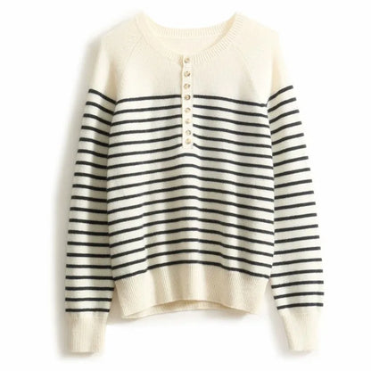 Round Neck Striped Wool Sweater Long Sleeve Loose Fit Pullover