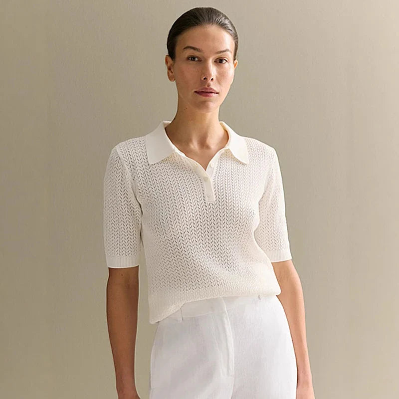 Lapel Short Sleeve Knit Loose Pullover Tee