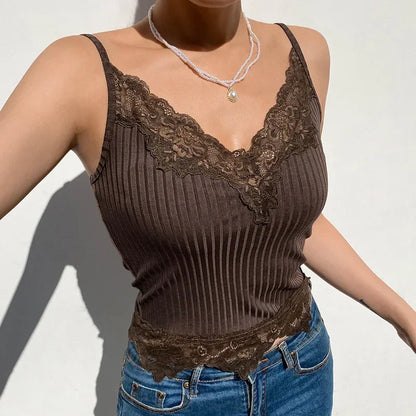 Goth Lace Patchwork V-Neck Crop Cami Top