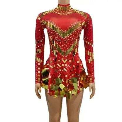 Women's Mirror Sequin Party Dress - Stretch Stage Dance Dress