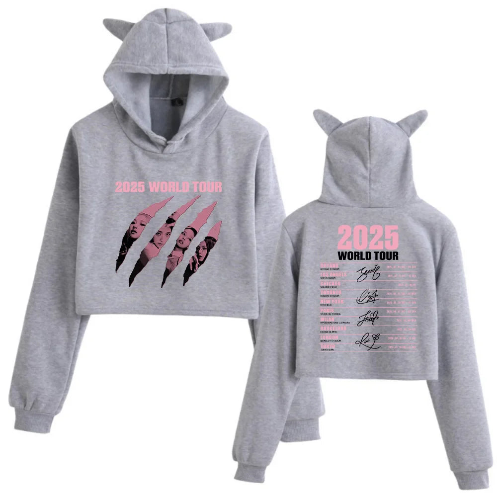 Round Neck Hooded Cropped Top Long Sleeve Regular Fit with Drawstring