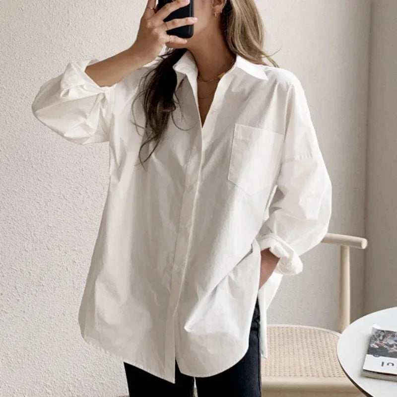 Turn-Down Collar Long Sleeve Cotton Blouse