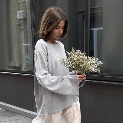 Round Neck Backless Knit Sweater Long Sleeve Loose Fit Hollow-Out