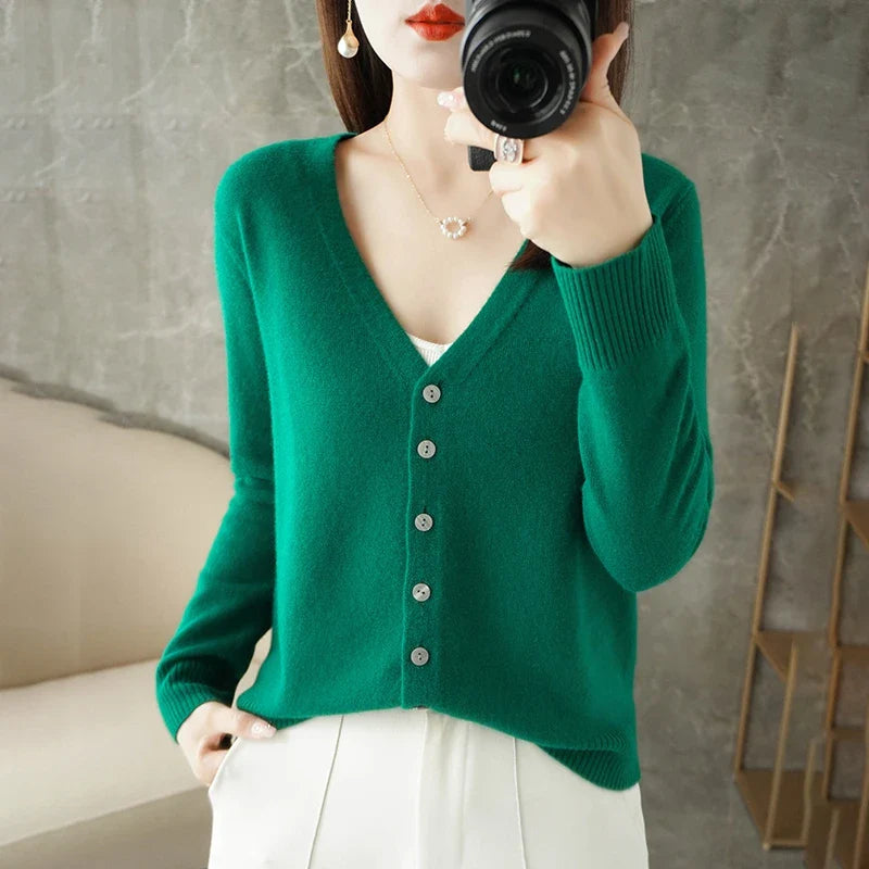 Women's V-Neck Knitted Cardigan - Loose Fit Button-Up Sweater