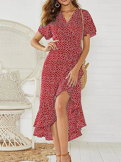 Floral Print V-Neck Ruffle Flare Sleeve Chiffon Maxi Dress