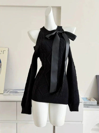 V-Neck Lace Knit Sweater Long Sleeve Loose Fit Pullover with Bow Detail