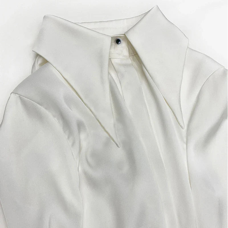 Women's Satin Button-Up Blouse - Long Sleeve Turn-Down Collar Shirt