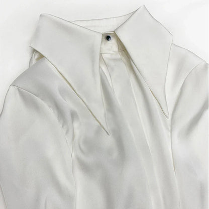 Women's Satin Button-Up Blouse - Long Sleeve Turn-Down Collar Shirt