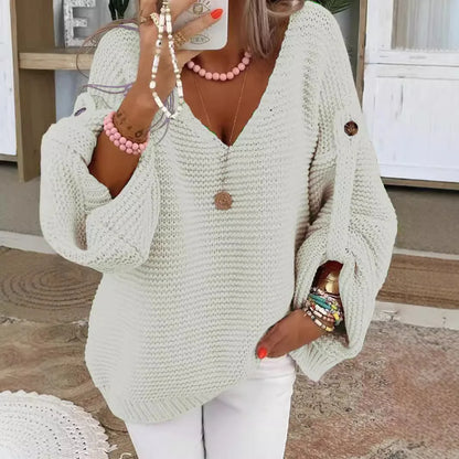V-Neck Knit Cardigan Button Front Lantern Sleeve Loose Fit