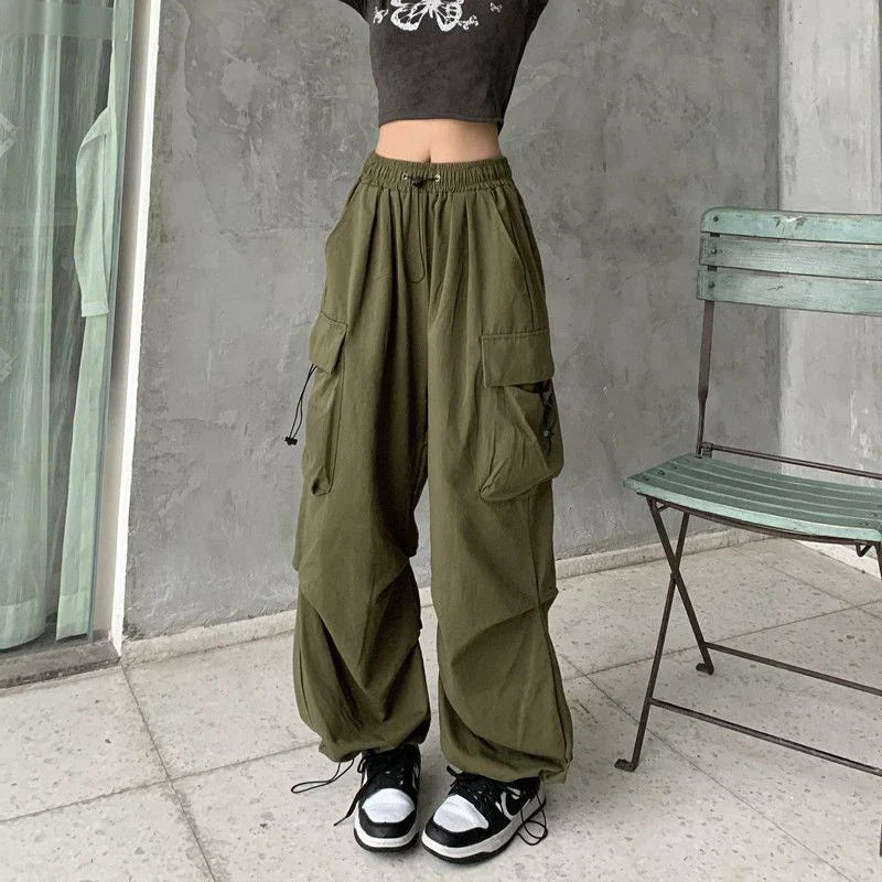 Parachute Cargo Pants High Waist Wide Leg Baggy Pockets Streetwear