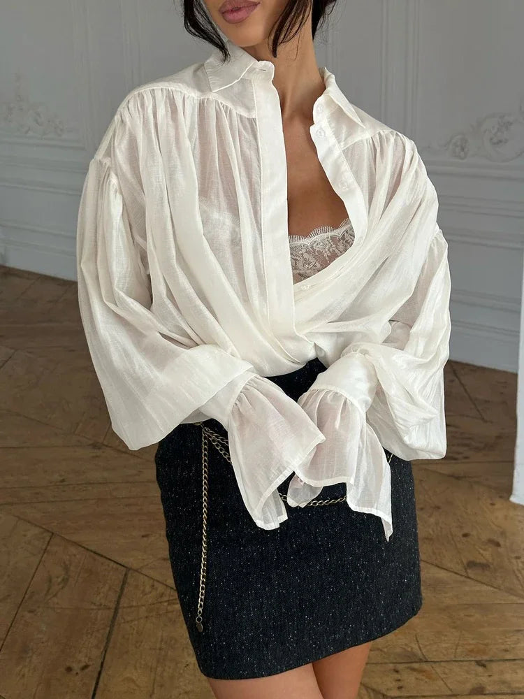 Casual Sheer Patchwork Long Sleeve Blouse