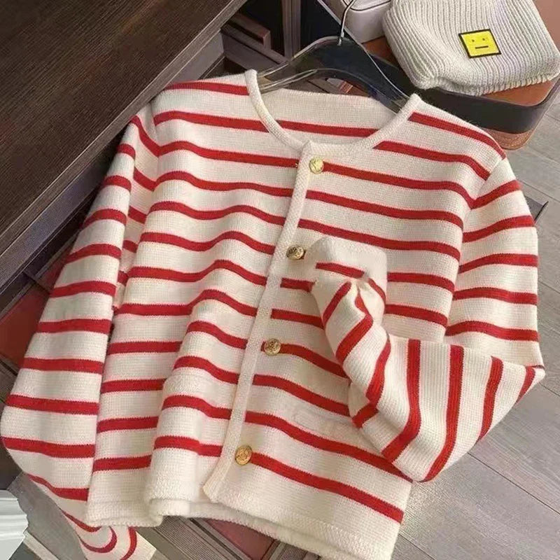 Women's Stripe Knitted Cardigan - Long Sleeve Button-Up Sweater