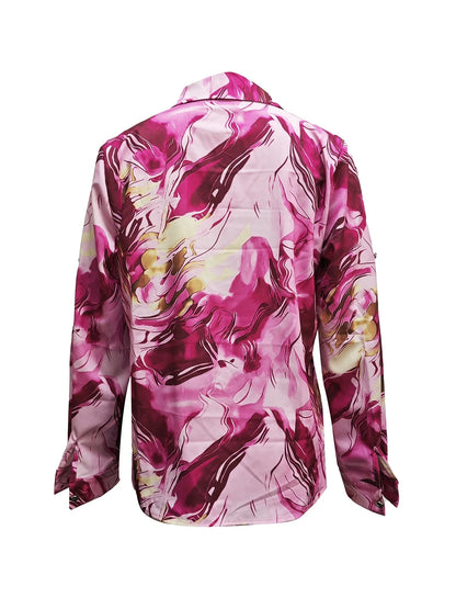 Print V-Neck Button Long Sleeve Blouse