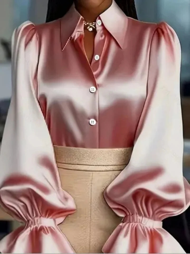 Women's Satin Blouse with Ruffled Sleeves - Office Casual Top
