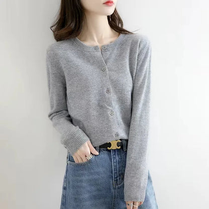 Women's Knitted Cardigan Sweater - O-Neck Button-Up Top