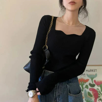 Square Collar Cropped Knit Sweater Long Sleeve Slim Fit Pullover