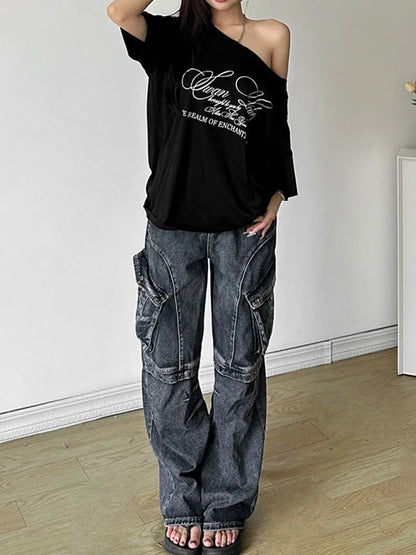 Skew Collar Drop Shoulder Letter Print Oversized Long Tee