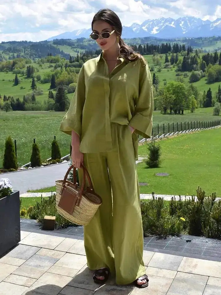 Turn-Down Collar Button Blouse & Wide Leg Pants Set