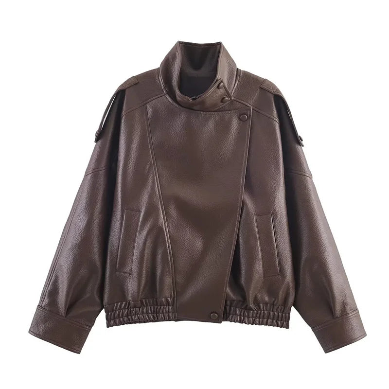 Long Sleeve Pebble Faux Leather Jacket Motorcycle Style Personality Fashion