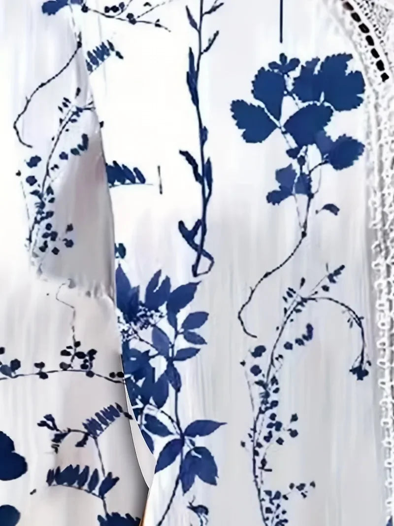Women's Plus Size Floral T-Shirt - V-Neck Hollow Out Long Sleeve Top