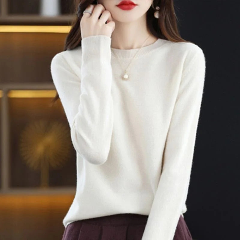 Round Neck Crochet Knit Sweater Long Sleeve Loose Fit Pullover