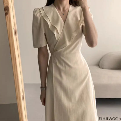Women Retro Vintage Ruffles Midi Dress Japan Style Lace-Up V-Neck Short Sleeve Dress