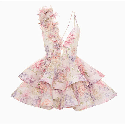 3D Flower Print Lace-Up Backless Mini Dress