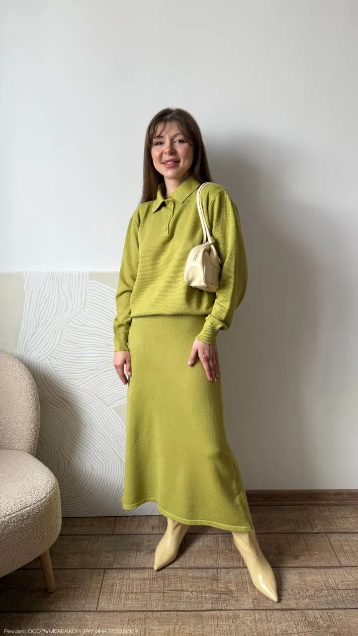 Polo Neck Knit Sweater & Wide Leg Pants Set