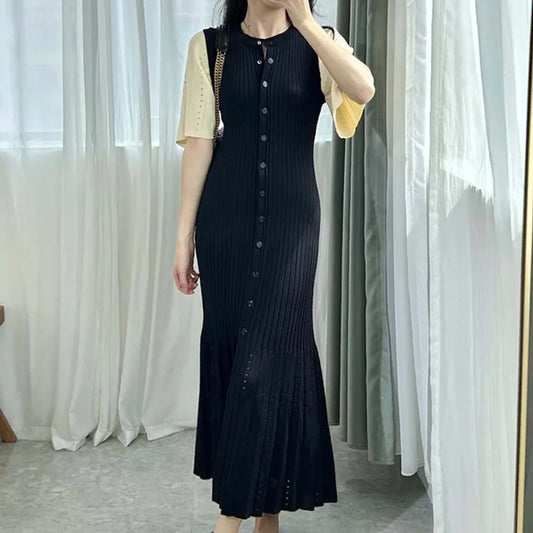 Fashionable Openwork French Slimming A-line Short-Sleeved Knitted Dress, Fishtail Long Dress for Women