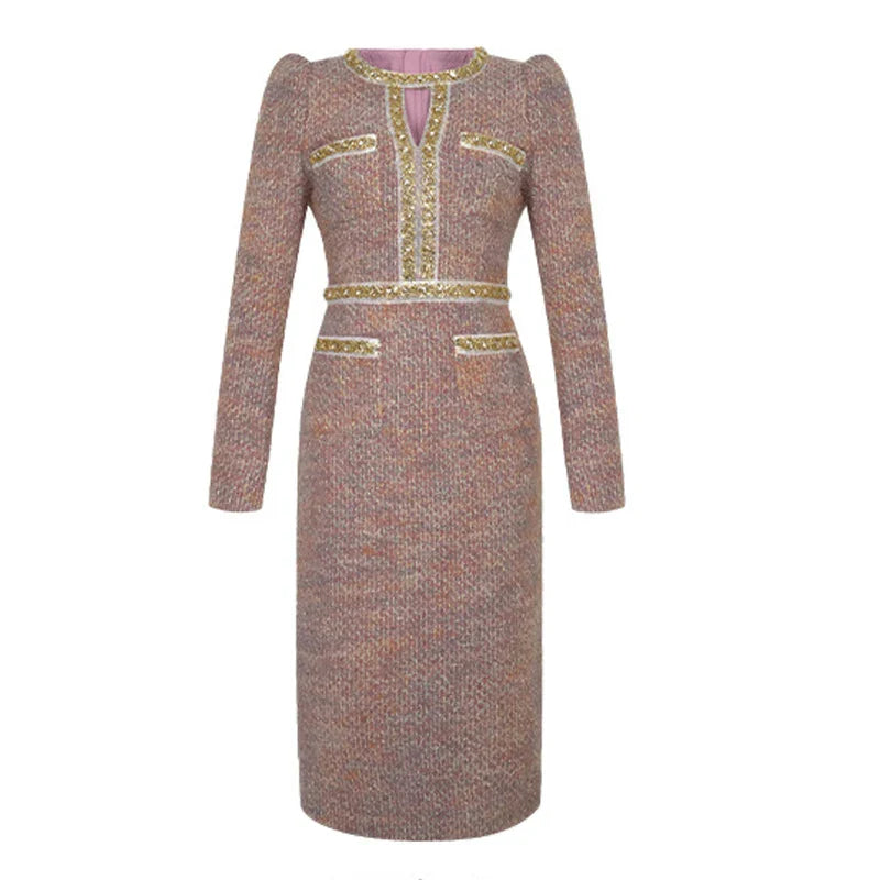 Women's Vintage Tweed Hollow Midi Dress