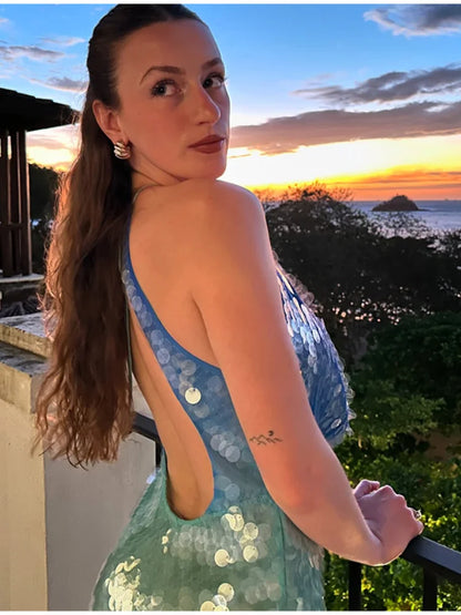Sexy Sequin Shiny Mini Dress Women Luxury Blue Green Patchwork Halter Evening Party Dress