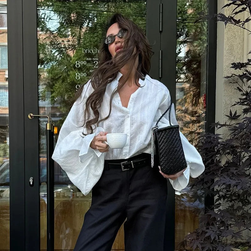 Stand Collar Button-Up Shirt Puff Sleeve Loose Fit Blouse