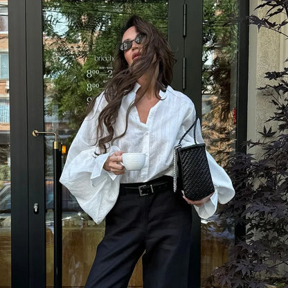 Stand Collar Button-Up Shirt Puff Sleeve Loose Fit Blouse