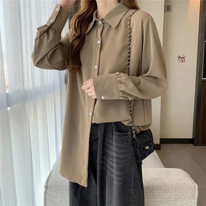 Women's Chiffon Button-Up Blouse - Loose Long Sleeve Shirt