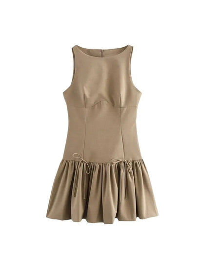 O-Neck Bow Ruffle Sleeveless Back Zipper Mini Dress
