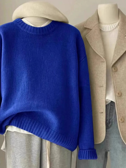 Round Neck Cashmere Sweater Long Sleeve Loose Fit Pullover