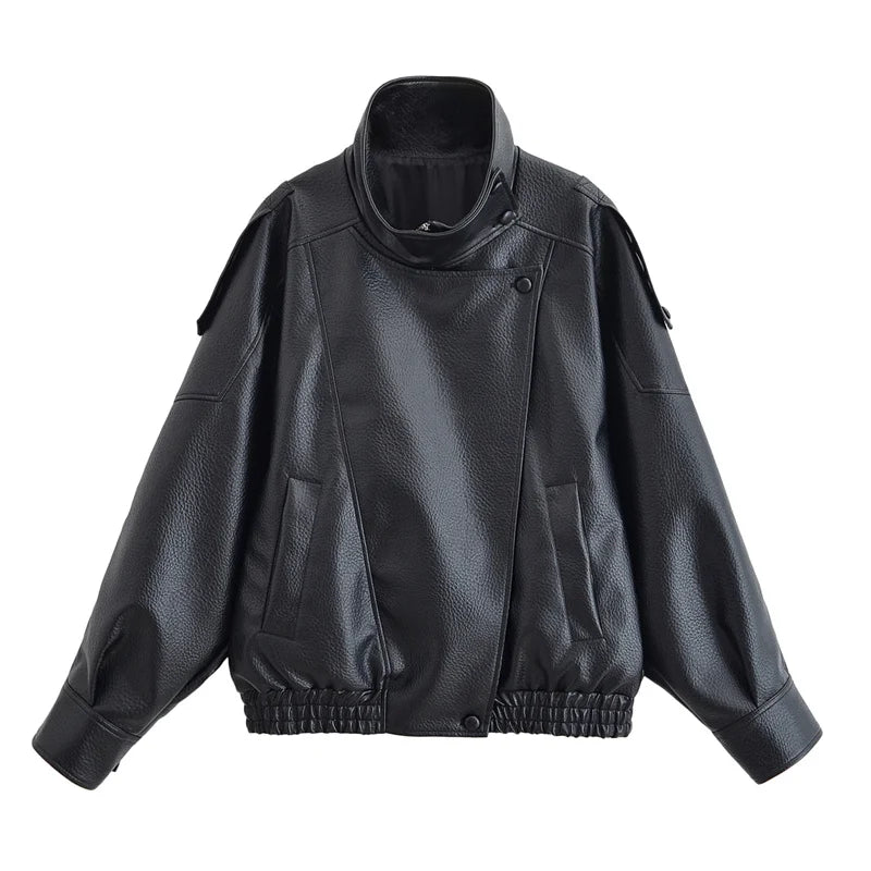 Long Sleeve Pebble Faux Leather Jacket Motorcycle Style Personality Fashion