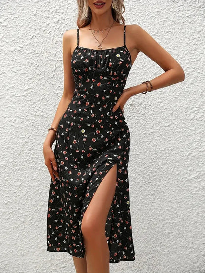 Floral Print Square Neck Spaghetti Strap Boho Dress