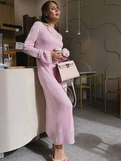 Knit Sweater Midi Dress Round Neck Long Sleeve Loose Hollow-Out